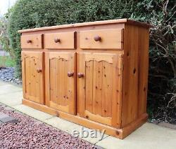 Solid Pine Sideboard Rustic 3 Drawers One Large Cupboard with Full Length Shelf