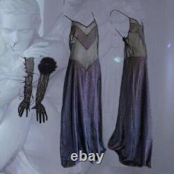 VINTAGE 70s 80s SILVER METALLIC LUREX BLACK MESH FULL LENGTH SLIP DRESS