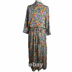 Vintage 80s Christian Dior Full Length Robe L Blue Floral Pleated Pockets