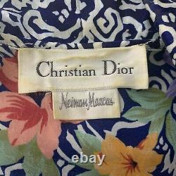 Vintage 80s Christian Dior Full Length Robe L Blue Floral Pleated Pockets