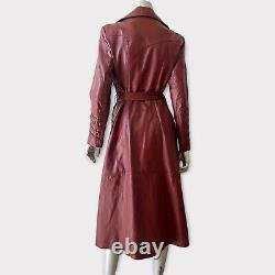 Vintage Cognac Leather Full Length 70s Belted Jacket M-L Trench Womens Coat