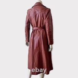 Vintage Cognac Leather Full Length 70s Belted Jacket M-L Trench Womens Coat