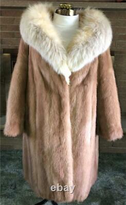 Vintage Full Length Beige Mink Coat With Ivory Fox Collar Size Large
