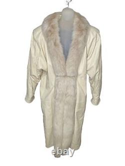 Vintage Ivory Full Length Leather Fur Trim Coat Large Toledo Furs Marquise