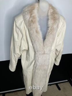 Vintage Ivory Full Length Leather Fur Trim Coat Large Toledo Furs Marquise