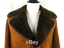 Vintage Sheepskin Shearling Leather Coat Jacket Large L Brown Suede Heavy Supple