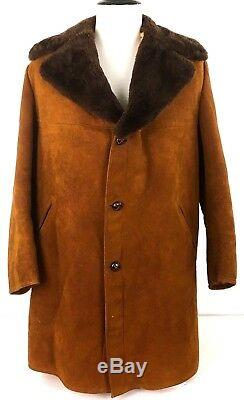 Vintage Sheepskin Shearling Leather Coat Jacket Large L Brown Suede Heavy Supple