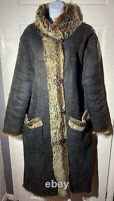 Vintage Suede Coat Afghan 100% Sheepskin Jacket Full Length Black Winter VGC L