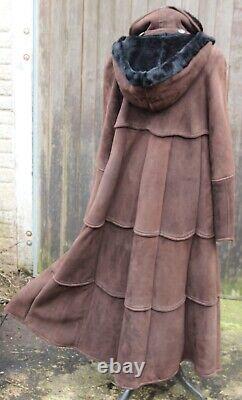 Vintage Suede Shearling Sheepskin Long Full Length Coat Chocolate Brown Large