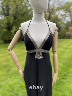 Vtg 1990s Browns & Co Black Maxi Gown Sexy Beaded Cleavage Art Deco Style Sz L