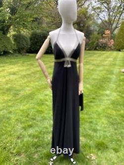 Vtg 1990s Browns & Co Black Maxi Gown Sexy Beaded Cleavage Art Deco Style Sz L