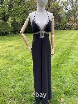 Vtg 1990s Browns & Co Black Maxi Gown Sexy Beaded Cleavage Art Deco Style Sz L