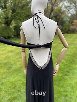 Vtg 1990s Browns & Co Black Maxi Gown Sexy Beaded Cleavage Art Deco Style Sz L