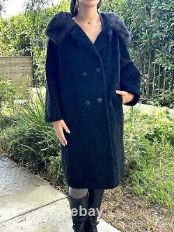 Vtg Large Black Faux Persian Lamb Fur COAT Mid-Full Length Fully Lined Vegan