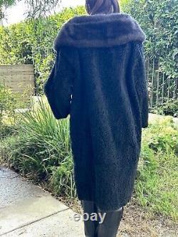 Vtg Large Black Faux Persian Lamb Fur COAT Mid-Full Length Fully Lined Vegan