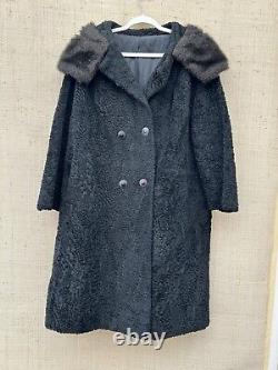 Vtg Large Black Faux Persian Lamb Fur COAT Mid-Full Length Fully Lined Vegan