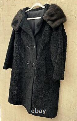 Vtg Large Black Faux Persian Lamb Fur COAT Mid-Full Length Fully Lined Vegan