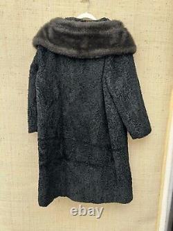 Vtg Large Black Faux Persian Lamb Fur COAT Mid-Full Length Fully Lined Vegan