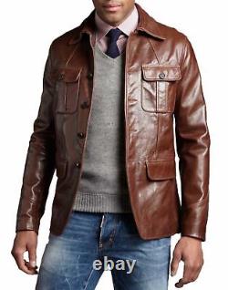 Western Men's Genuine Lambskin Leather Blazer Soft Coat FOUR BUTTON Brown Jacket