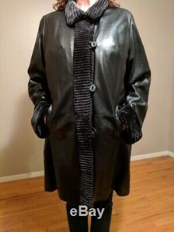 Womens Black Overland Leather and Fur Full-Length Coat, Size X-Large