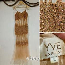 YVE London Luxury Heavy Beaded Mesh Mermaid Maxi Gown Nude Prom Occasion Dress L