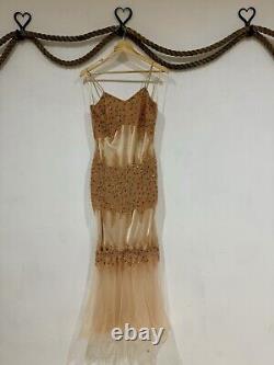 YVE London Luxury Heavy Beaded Mesh Mermaid Maxi Gown Nude Prom Occasion Dress L