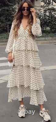 Zara Cream Polka Dot Ruffled Layered Midi Maxi Dress Size L