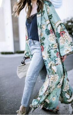 Zara Green Silk Oriental Floral Print Robe Kimono Bloggers Fav Uk L Fits 14 16