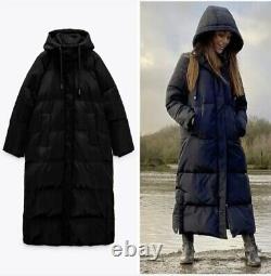 Zara Long Down Puffer Coat Black Full Length Jacket Water Wind Protection L