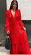Zara Red Pleated Faux Satin Silk Crinkle Romantic Maxi Dress Tie-neck Trinny L