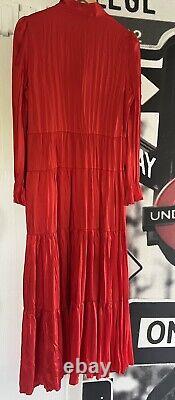 Zara red pleated Faux Satin Silk Crinkle Romantic maxi dress tie-neck Trinny L