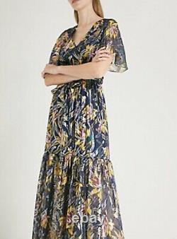 Ba & Sh Jessy Floral Bleu Lurex Maxi Dress Taille 3 / Large / Uk14 Seulement Worn Une Fois