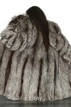 Belle Pleine Longueur Real Silver Fox Fur Coat Genuine Indigo Long Jacket Size L