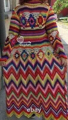 Crochet Granny Square Et Chevron Stitch Full Longueur Automne, Hiver Long Manteau, Cro