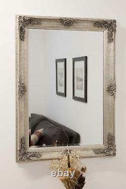 Extra Grand Miroir Mur Argent Bois Antique Pleine Longueur 3ft7 X 2ft7 110cm X 79cm