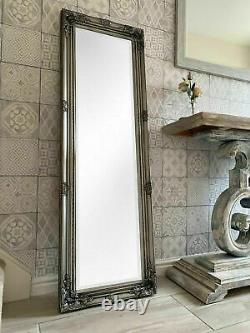Grand Miroir Antique Orné Argent Longueur Complete Dressing Wall Vintage Large