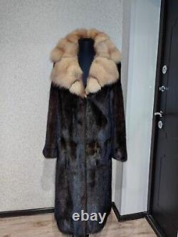Grand manteau en fourrure de vison avec col en zibeline, longueur totale, brun foncé, taille XL 2XL / 16-18 UK