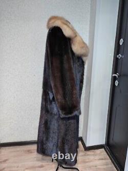 Grand manteau en fourrure de vison avec col en zibeline, longueur totale, brun foncé, taille XL 2XL / 16-18 UK