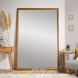 Grand miroir doré ancien de style vintage, de grande taille, plein pied, pour le mur ou le sol, dimensions 205x140cm.