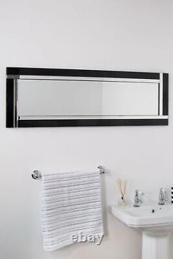 Grand miroir noir argent biseauté Art Déco pour salle de bain murale 120cm x 40cm