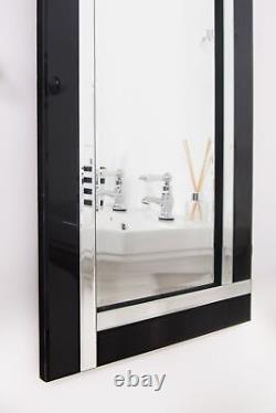 Grand miroir noir argent biseauté Art Déco pour salle de bain murale 120cm x 40cm