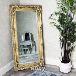 Grand miroir sur pied mural en or orné à biseau vintage style shabby chic français