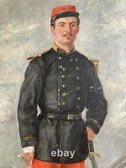 Large Française 19e C Agent D'infantrie Militaire Longueur Durable Portrait Oil Painting