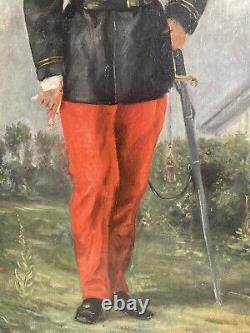 Large Française 19e C Agent D'infantrie Militaire Longueur Durable Portrait Oil Painting