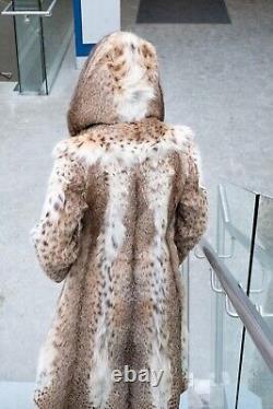 Longueur Complète Lynx Manteau De Fourrure Avec Un Capot! Une Vraie Fourrure De Puissance