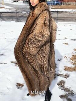 Longueur Totale Raccoon Fourrure Manteau Si Épais! Belle Coloration