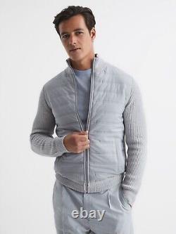 Manteau de veste zippé REISS Trainer Hybrid Quilt and Knit en gris doux