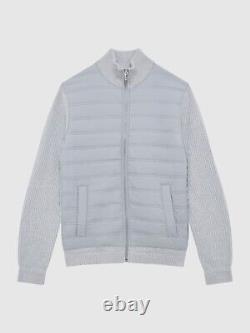 Manteau de veste zippé REISS Trainer Hybrid Quilt and Knit en gris doux