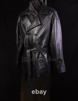 Manteau pour hommes en peau de mouton noir, longueur intégrale, veste en cuir longue, manteau long.