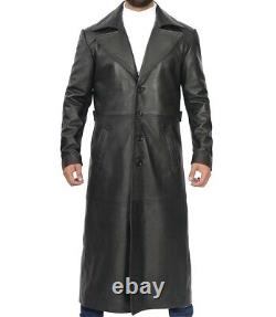 Manteau trench en cuir noir pour homme en cuir d'agneau à la taille ajustée